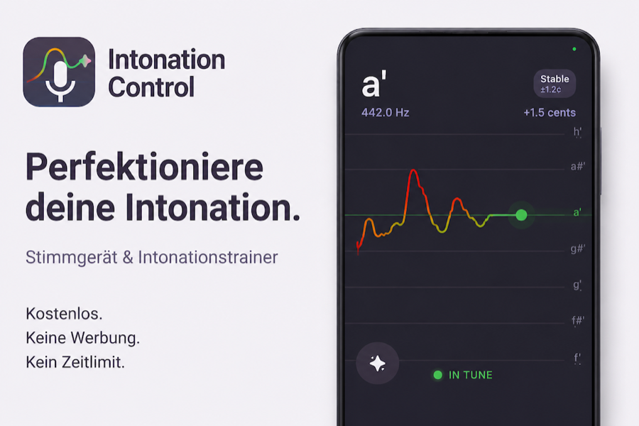 Intonation Control: App-Icon mit dem Schriftzug „Perfektioniere deine Intonation“.