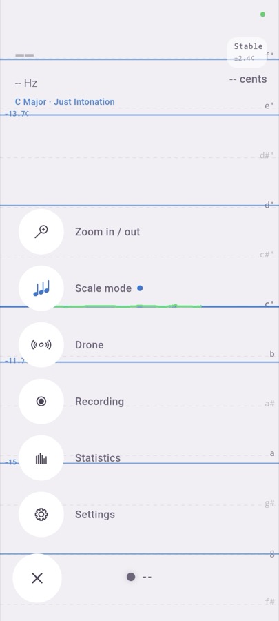 Werkzeuge: Scale Mode, Drone, Recording und Statistics.