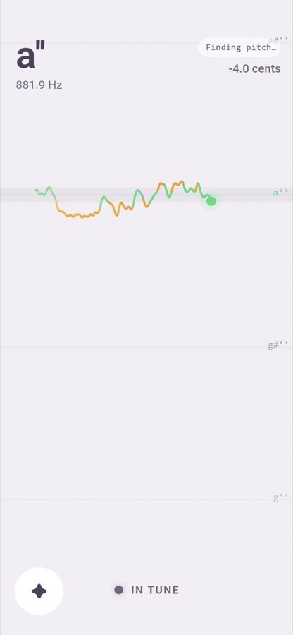 Tuner: Live-Feedback: Note, Frequenz und Abweichung in Cent.